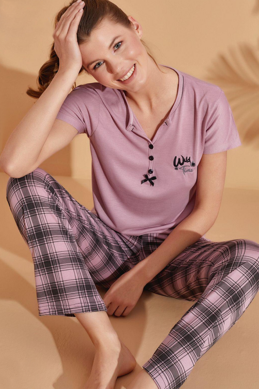 MUKA - Desenli Kadın Pijama Takım 704-36 | Mor