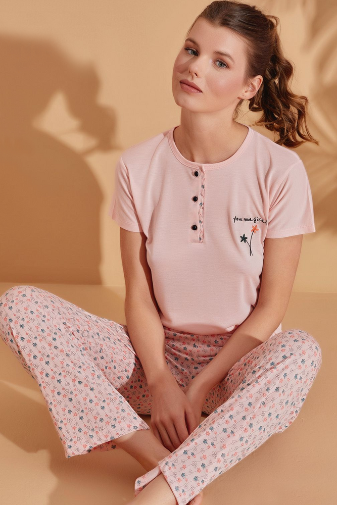 Desenli Kadın Pijama Takım 704-2 | Pembe