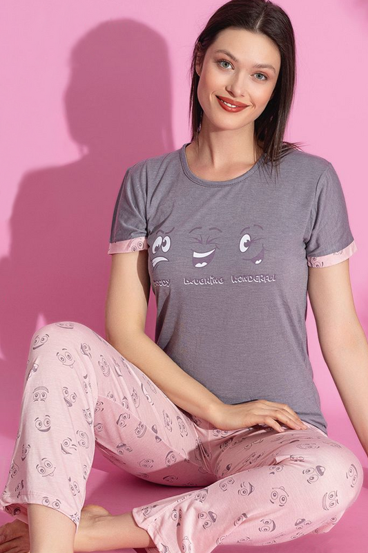 MUKA - Desenli Kadın Pijama Takım 301-28 | Gri
