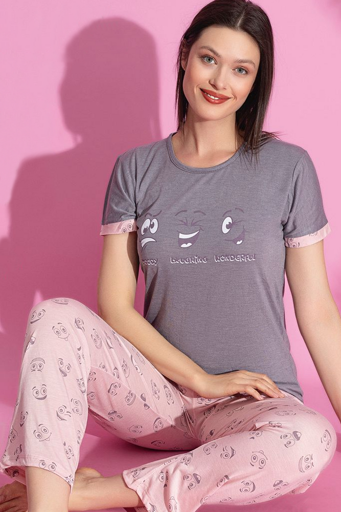 Desenli Kadın Pijama Takım 301-28 | Gri