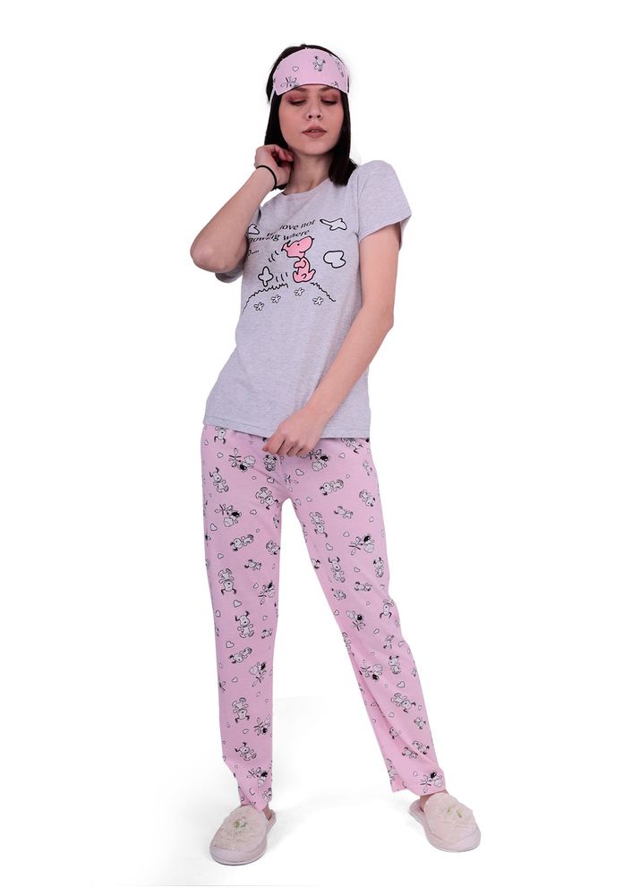 Lila Çizgi Karakter Desenli Uyku Gözlüklü Pijama Takımı 2028 | Gri