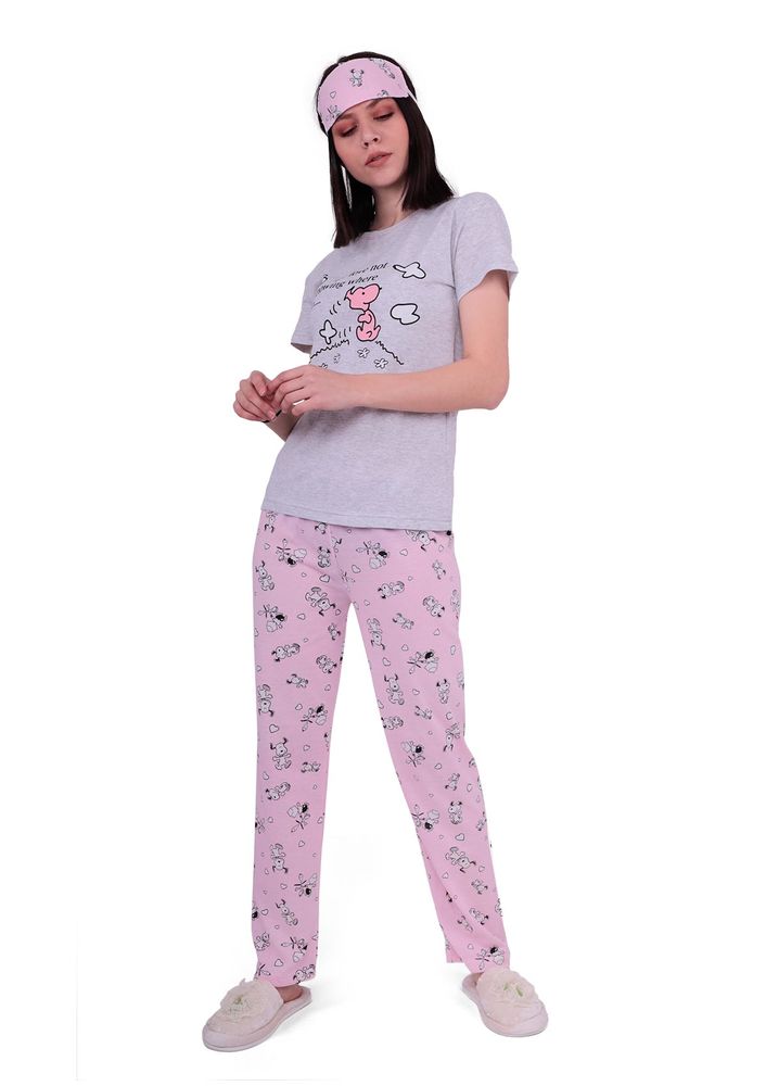 Lila Çizgi Karakter Desenli Uyku Gözlüklü Pijama Takımı 2028 | Gri