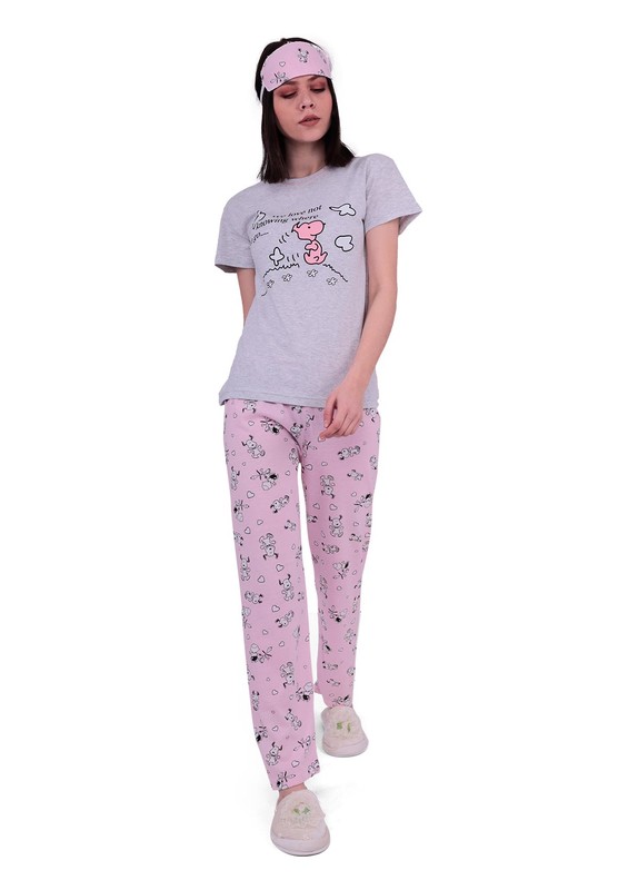 Lila Çizgi Karakter Desenli Uyku Gözlüklü Pijama Takımı 2028 | Gri - Thumbnail