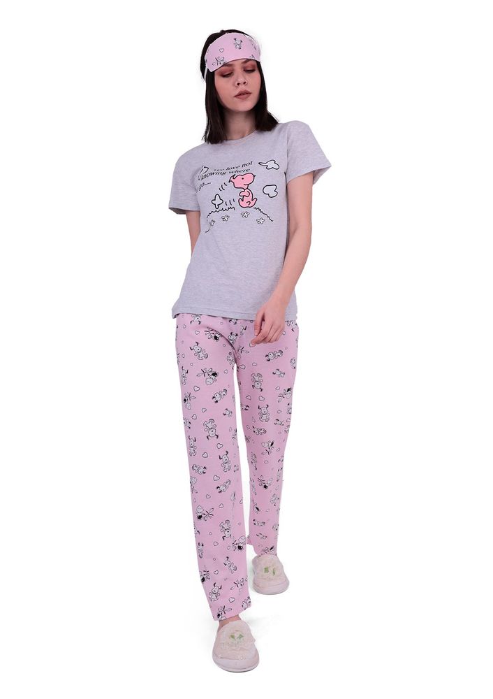 Lila Çizgi Karakter Desenli Uyku Gözlüklü Pijama Takımı 2028 | Gri