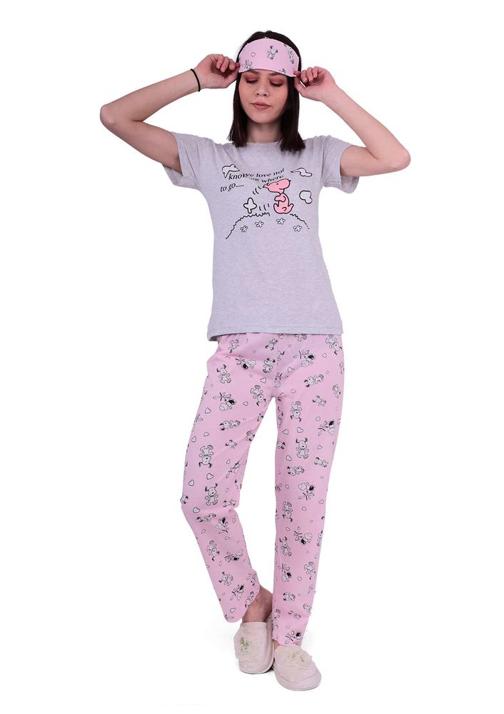 Lila Çizgi Karakter Desenli Uyku Gözlüklü Pijama Takımı 2028 | Gri