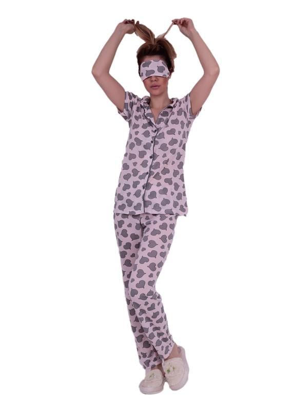 Snc Kalp Desenli Düğmeli Pijama Takımı 6077 | Pembe - Thumbnail