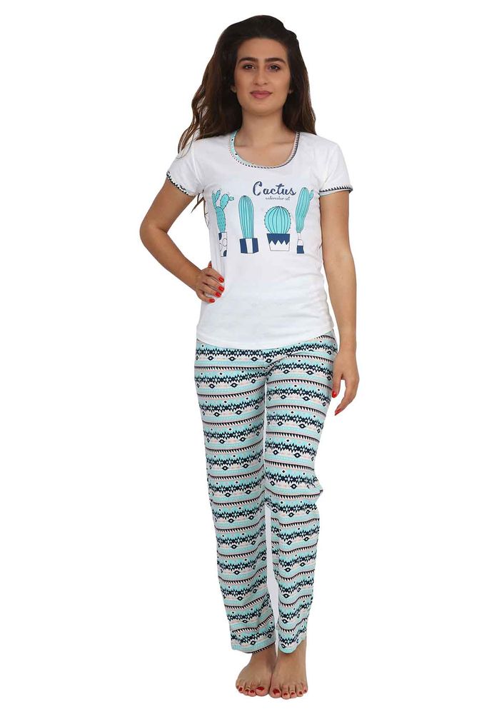 Sude Kısa Kollu Boru Paçalı Desenli Pijama Takımı 2861 | Beyaz