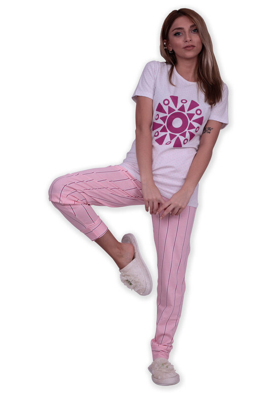 Sude Geometrik Baskılı Kısa Kollu Pijama Takımı | Beyaz - Thumbnail