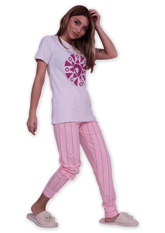 SUDE - Sude Geometrik Baskılı Kısa Kollu Pijama Takımı | Beyaz