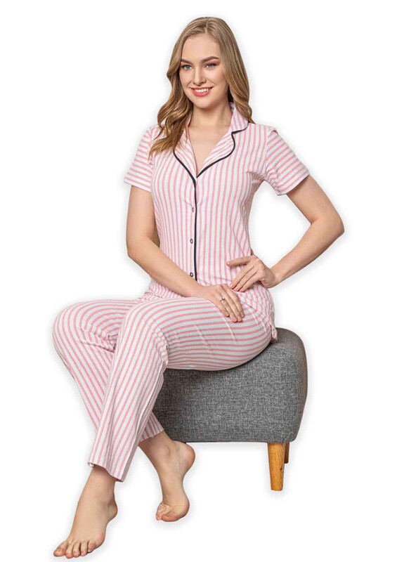 SUDE - Sude Kısa Kollu Gömlek Kadın Pijama Takımı 2024 | Pembe