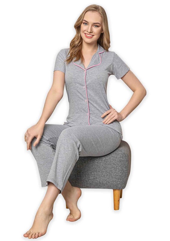 SUDE - Sude Kısa Kollu Gömlek Kadın Pijama Takımı 2023 | Gri