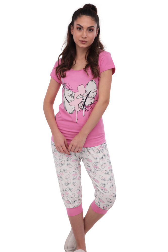 Sude Kolları Kısa Kapri Desenli Lila Pijama Takımı 2746 | Pembe