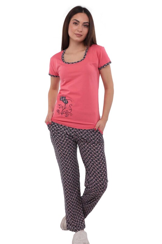 Sude Boru Paçalı Kısa Kollu Desenli Pijama Takımı 2853 | Lacivert - Thumbnail