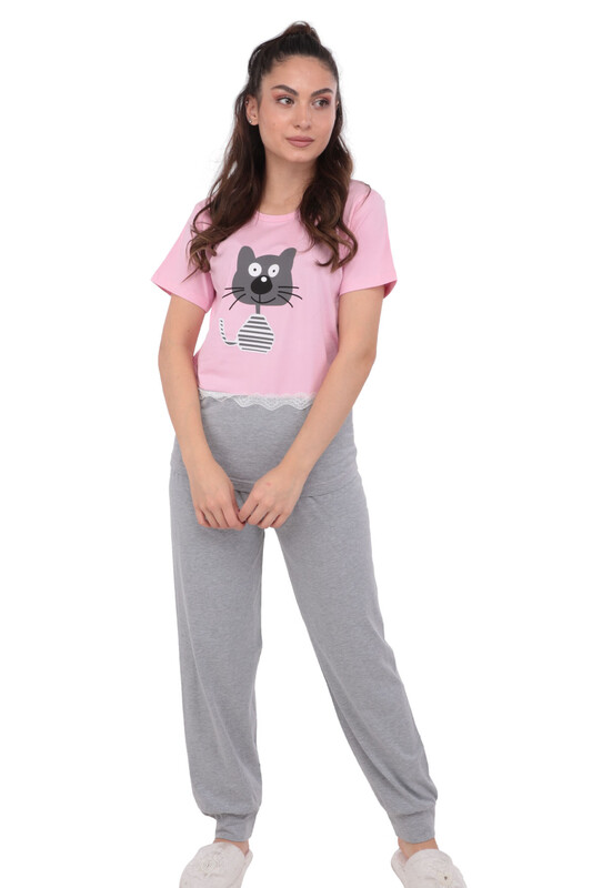 Sude Kedi Baskılı Kısa Kollu Pijama Takımı | Pembe - Thumbnail