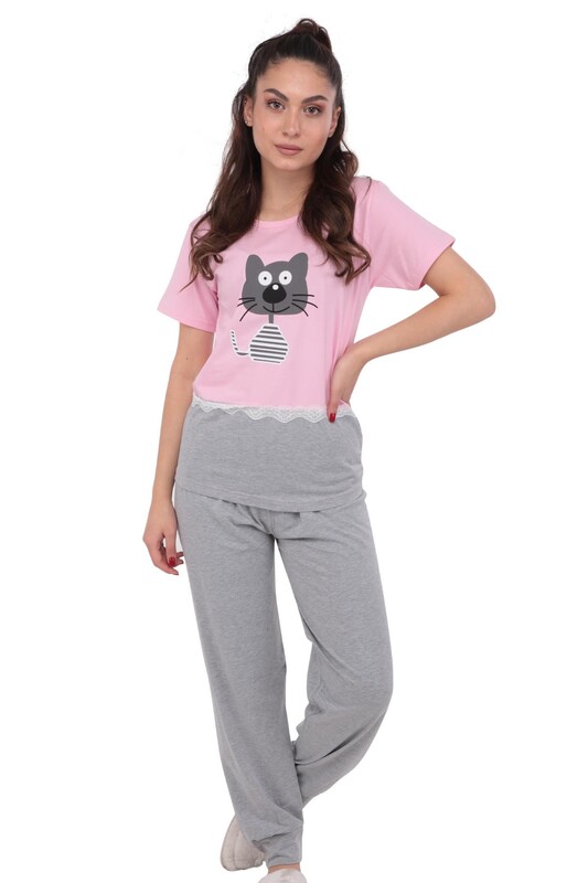 Sude Kedi Baskılı Kısa Kollu Pijama Takımı | Pembe - Thumbnail