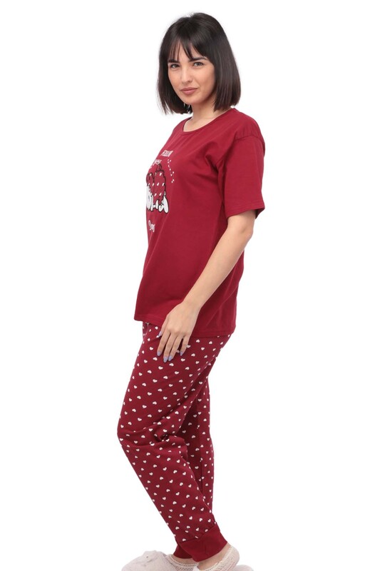Sude Baskılı Kısa Kollu Büyük Beden Kadın Pijama Takımı 1093 | Bordo - Thumbnail