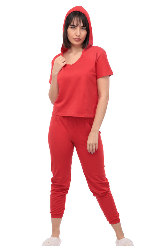 SUDE - Sude Kısa Kollu Kapüşonlu Pijama Takımı 2015 | Kırmızı