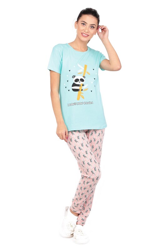 SUDE - Sude Panda Baskılı Kısa Kollu Pijama Takımı | Turkuaz