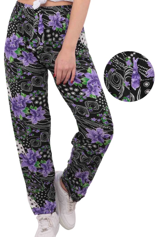 SİMİSSO - Çiçek Baskılı Viskon Boru Paça Kadın Pantolon 913 | Siyah