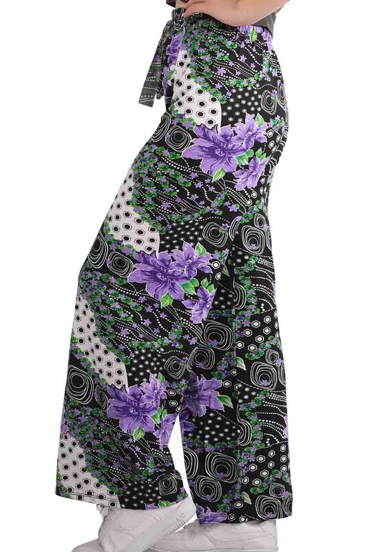 Çiçek Baskılı Viskon Boru Paça Kadın Pantolon 002 | Siyah - Thumbnail
