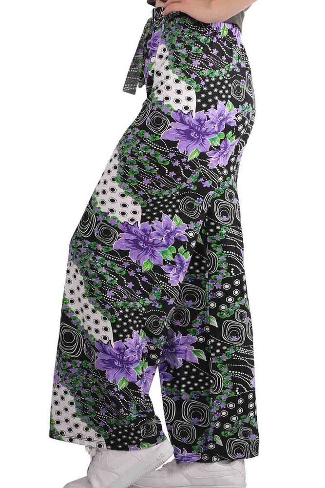 Çiçek Baskılı Viskon Boru Paça Kadın Pantolon 002 | Siyah
