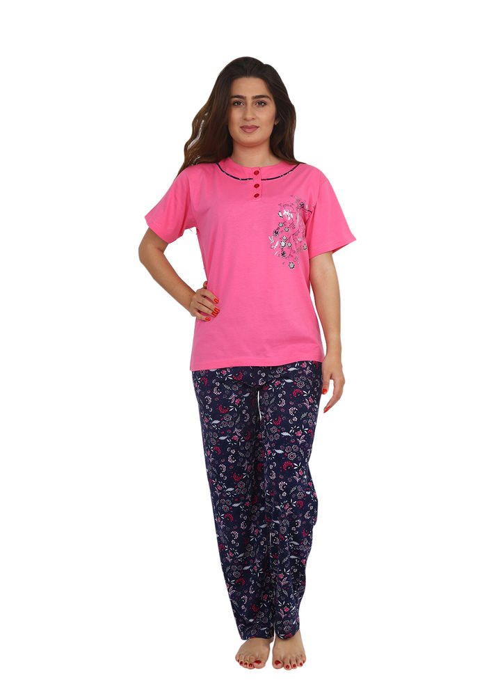 Işılay Boru Paçalı Kısa Kollu Çiçek Desenli Pijama Takımı 5720 | Pembe