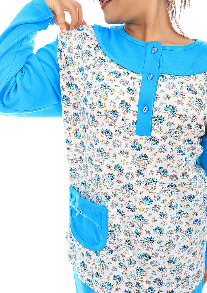 Akasya Bol Paçalı Düğmeli Cepli Desenli Pijama Takımı 463 | Mavi