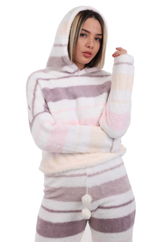 Arcan Çizgi Desenli Kapüşonlu Polar Pijama Takımı 1253-1 | Beyaz - Thumbnail