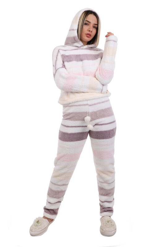 Arcan Çizgi Desenli Kapüşonlu Polar Pijama Takımı 1253-1 | Beyaz - Thumbnail