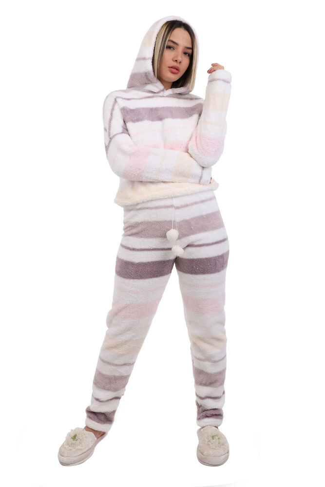 Arcan Çizgi Desenli Kapüşonlu Polar Pijama Takımı 1253-1 | Beyaz