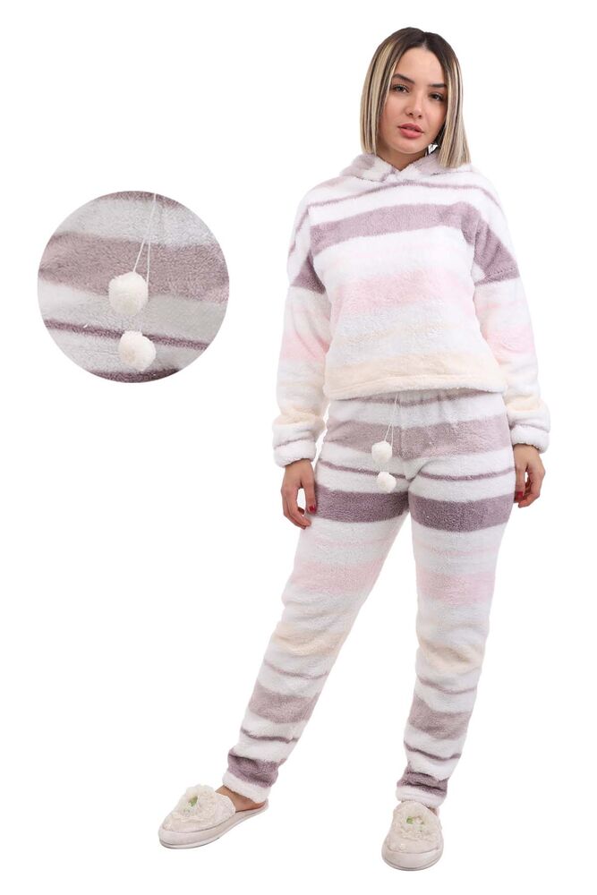 Arcan Çizgi Desenli Kapüşonlu Polar Pijama Takımı 1253-1 | Beyaz