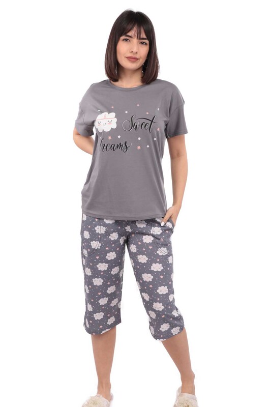 Arcan Bulutlu Kısa Kol Kadın Kapri Pijama Takımı | Füme - Thumbnail