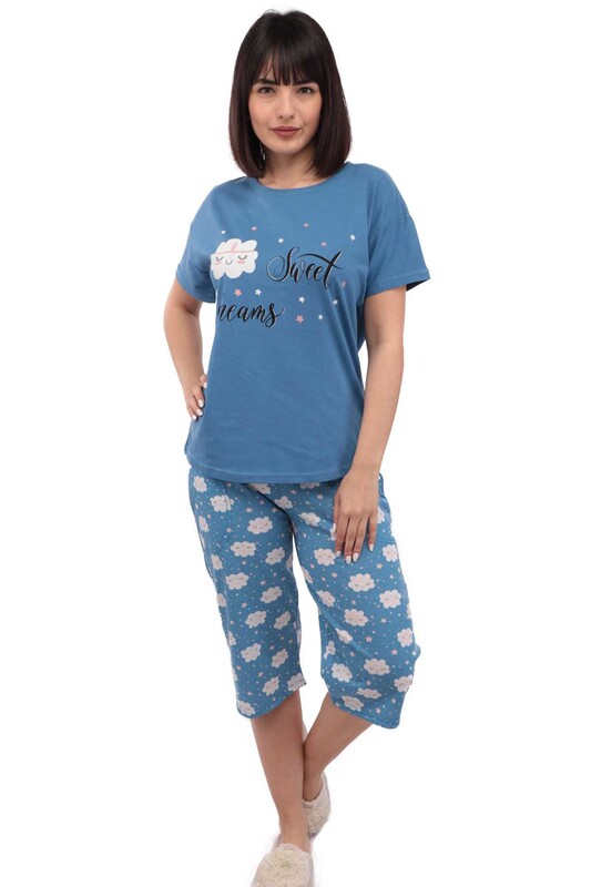 Arcan Bulutlu Kısa Kol Kadın Kapri Pijama Takımı | Mavi - Thumbnail