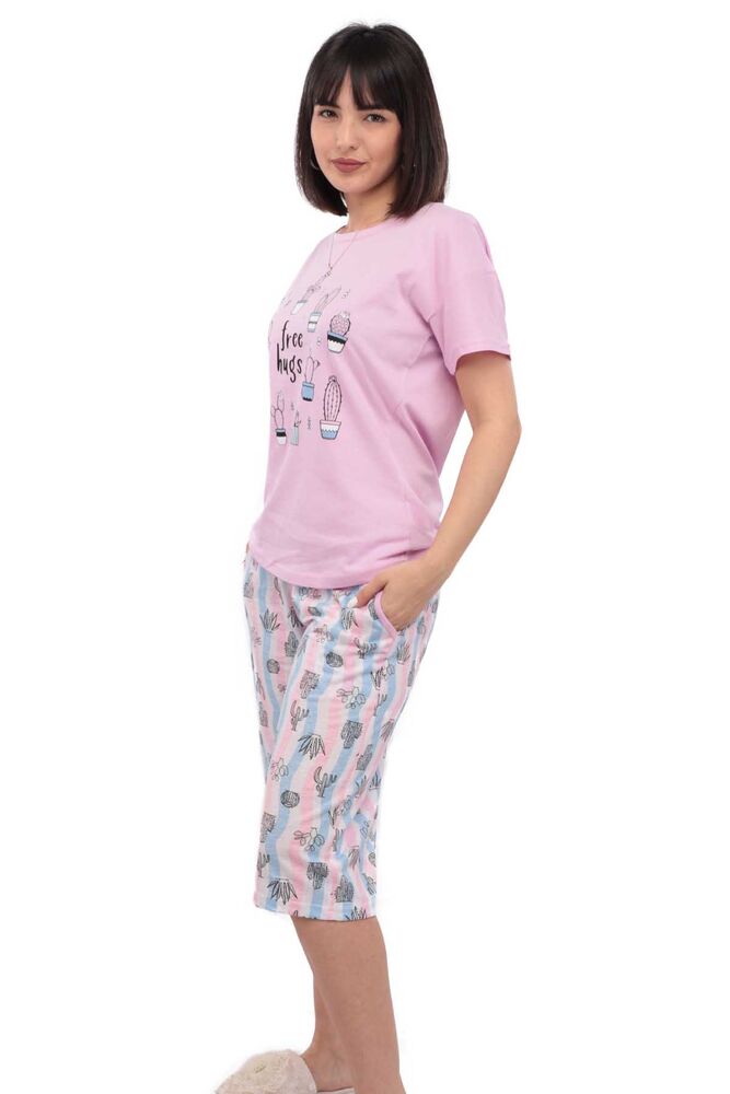 Arcan Kaktüs Desenli Kısa Kol Kadın Kapri Pijama Takımı | Lila