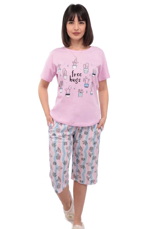 Arcan Kaktüs Desenli Kısa Kol Kadın Kapri Pijama Takımı | Lila - Thumbnail