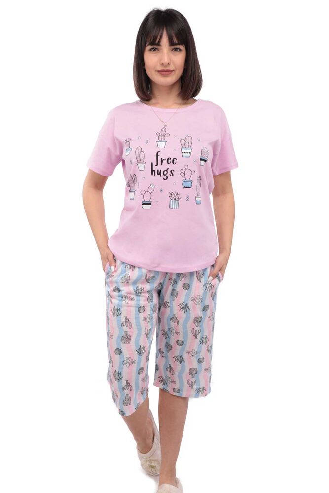 Arcan Kaktüs Desenli Kısa Kol Kadın Kapri Pijama Takımı | Lila