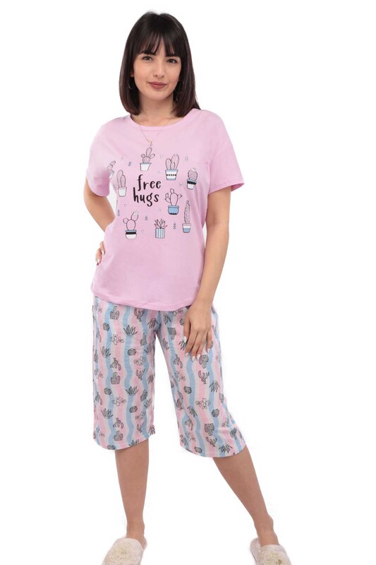 Arcan Kaktüs Desenli Kısa Kol Kadın Kapri Pijama Takımı | Lila - Thumbnail