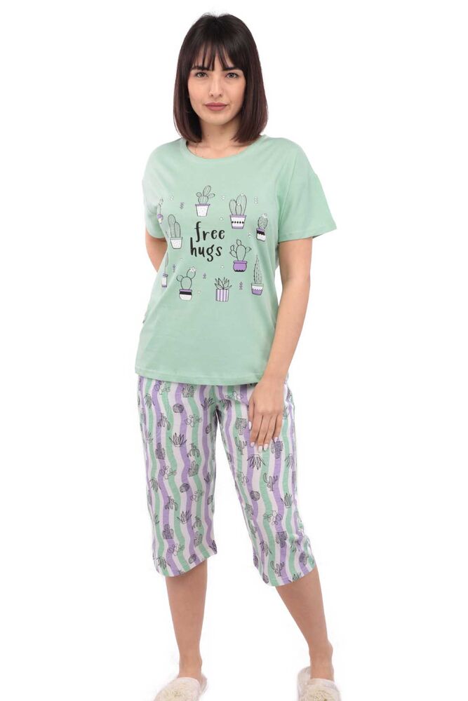 Arcan Kaktüs Desenli Kısa Kol Kadın Kapri Pijama Takımı | Yeşil