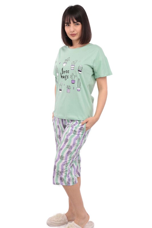 Arcan Kaktüs Desenli Kısa Kol Kadın Kapri Pijama Takımı | Yeşil - Thumbnail