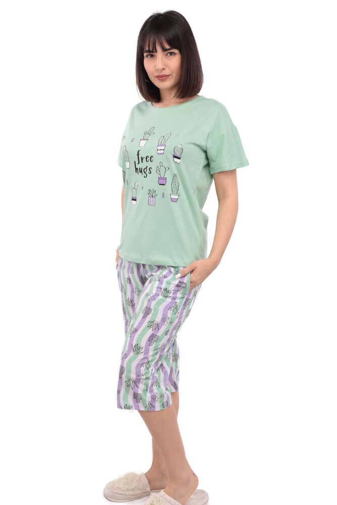 Arcan Kaktüs Desenli Kısa Kol Kadın Kapri Pijama Takımı | Yeşil