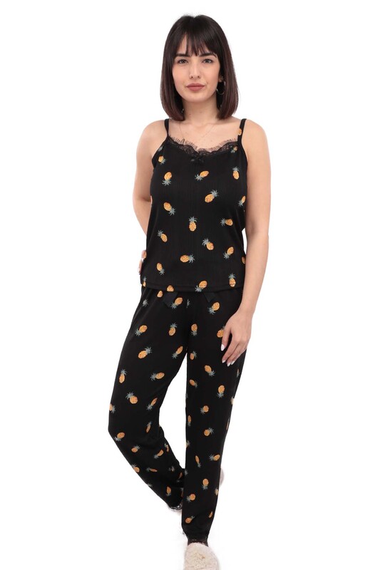 Arcan Ananas Desenli İp askılı Kadın Pijama Takımı | Siyah - Thumbnail