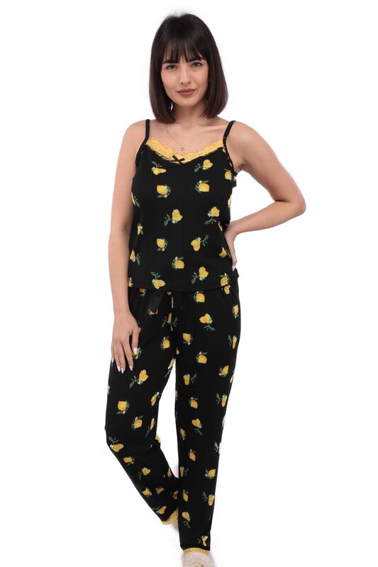 Arcan Limon Desenli İp Askılı Kadın Pijama Takımı 14 | Siyah - Thumbnail