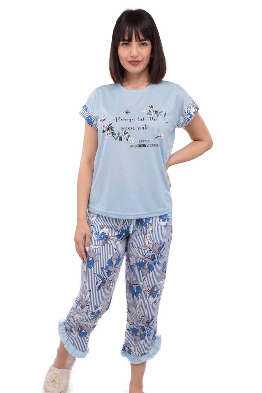 Mihra Çiçek Baskılı Kısa Kol Kadın Pijama Takımı | Mavi - Thumbnail