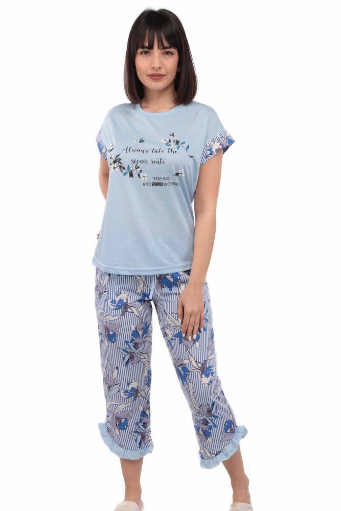 Mihra Çiçek Baskılı Kısa Kol Kadın Pijama Takımı | Mavi