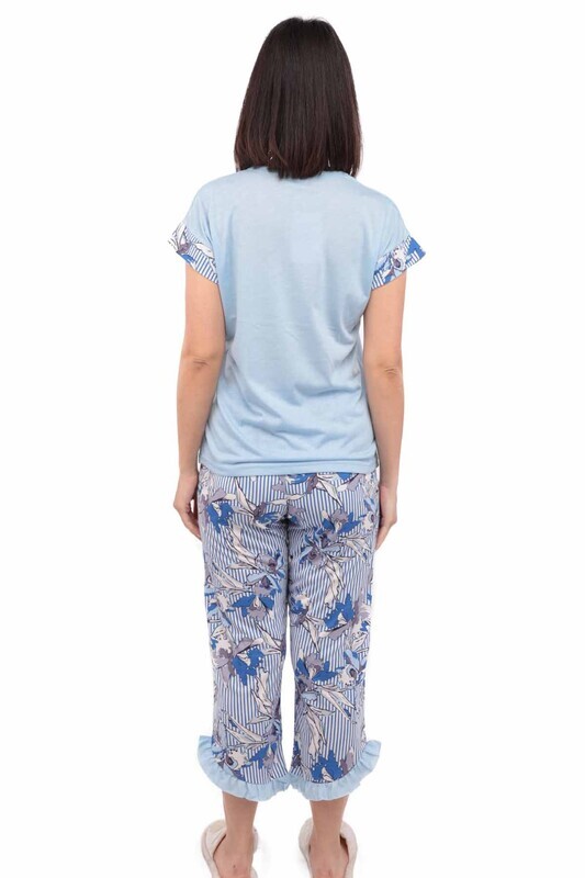 Mihra Çiçek Baskılı Kısa Kol Kadın Pijama Takımı | Mavi - Thumbnail