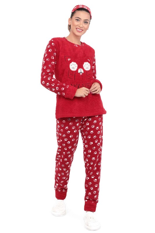 ASMA - Kedi Baskılı Kadın Polar Pijama Takımı | Kırmızı