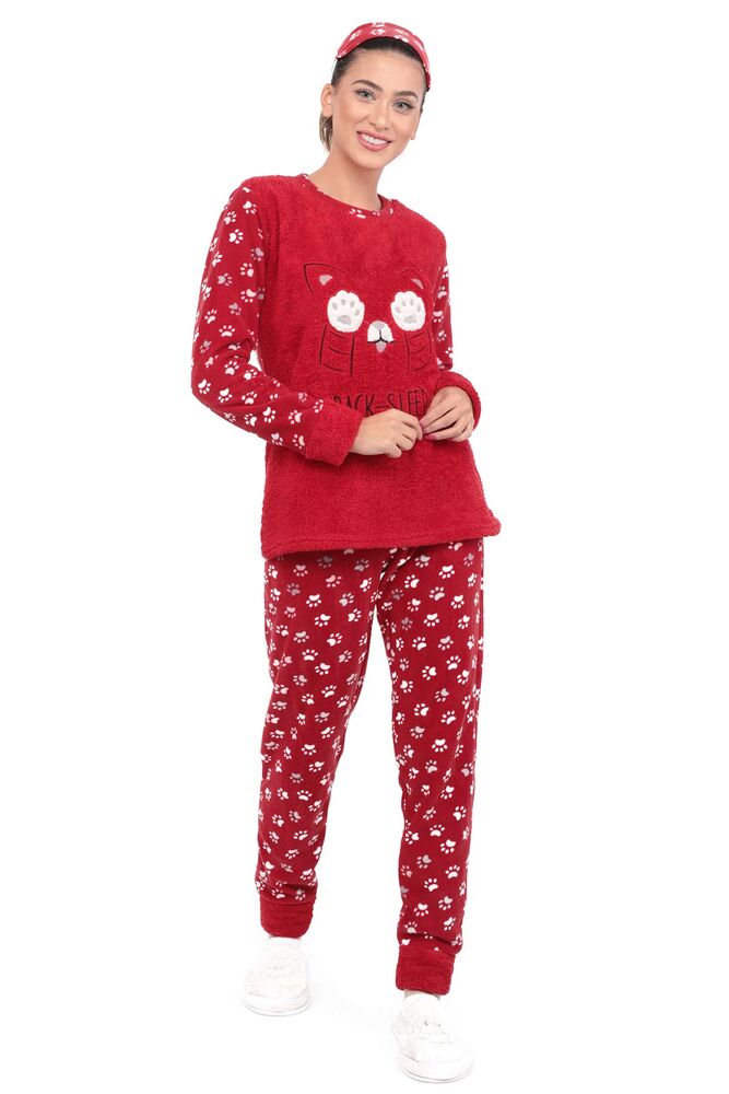 Kedi Baskılı Kadın Polar Pijama Takımı | Kırmızı