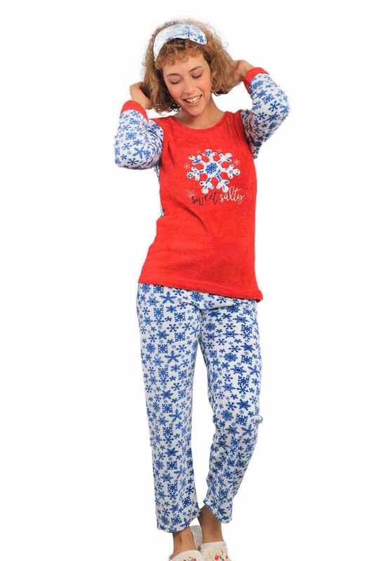 Boru Paçalı Kar Taneli Welsoft Pijama Takımı 2048 | Kırmızı - Thumbnail