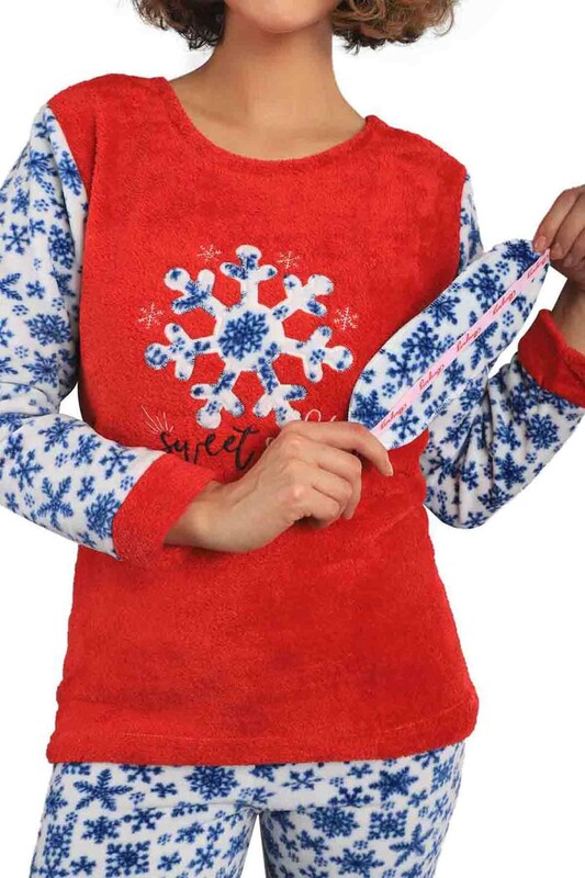 Boru Paçalı Kar Taneli Welsoft Pijama Takımı 2048 | Kırmızı - Thumbnail