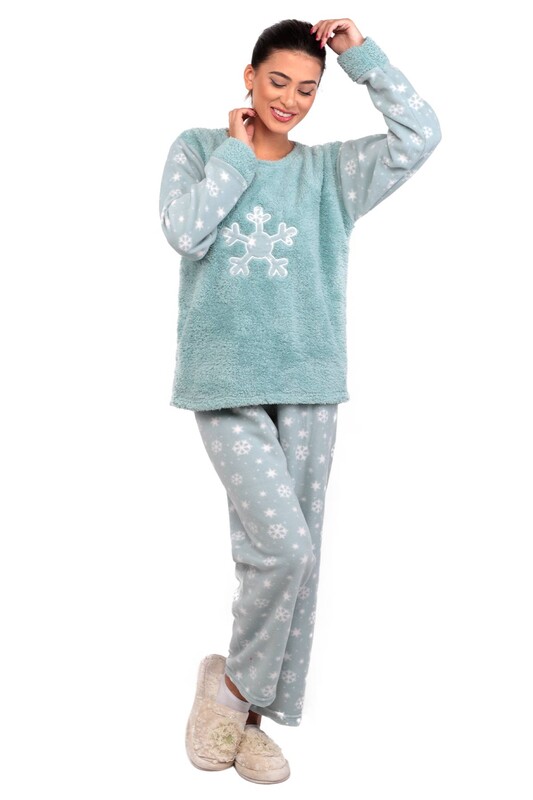 GLISA - Kar Tanesi Baskılı Polar Kadın Pijama Takımı | Açık Mavi